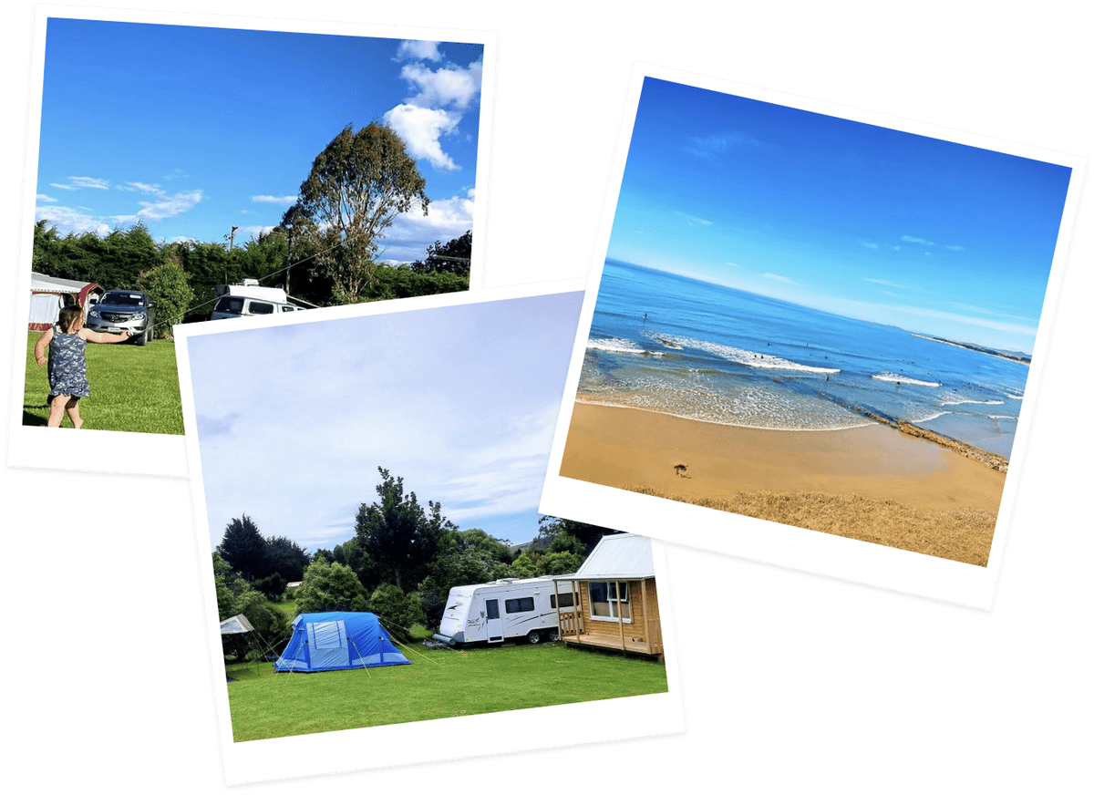 Three stacked Polaroid-style photos of a camping ground and beach